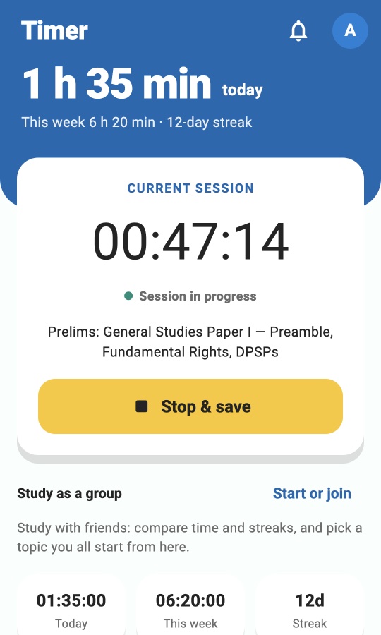 The Mented study timer, 47 minutes into a session on Fundamental Rights